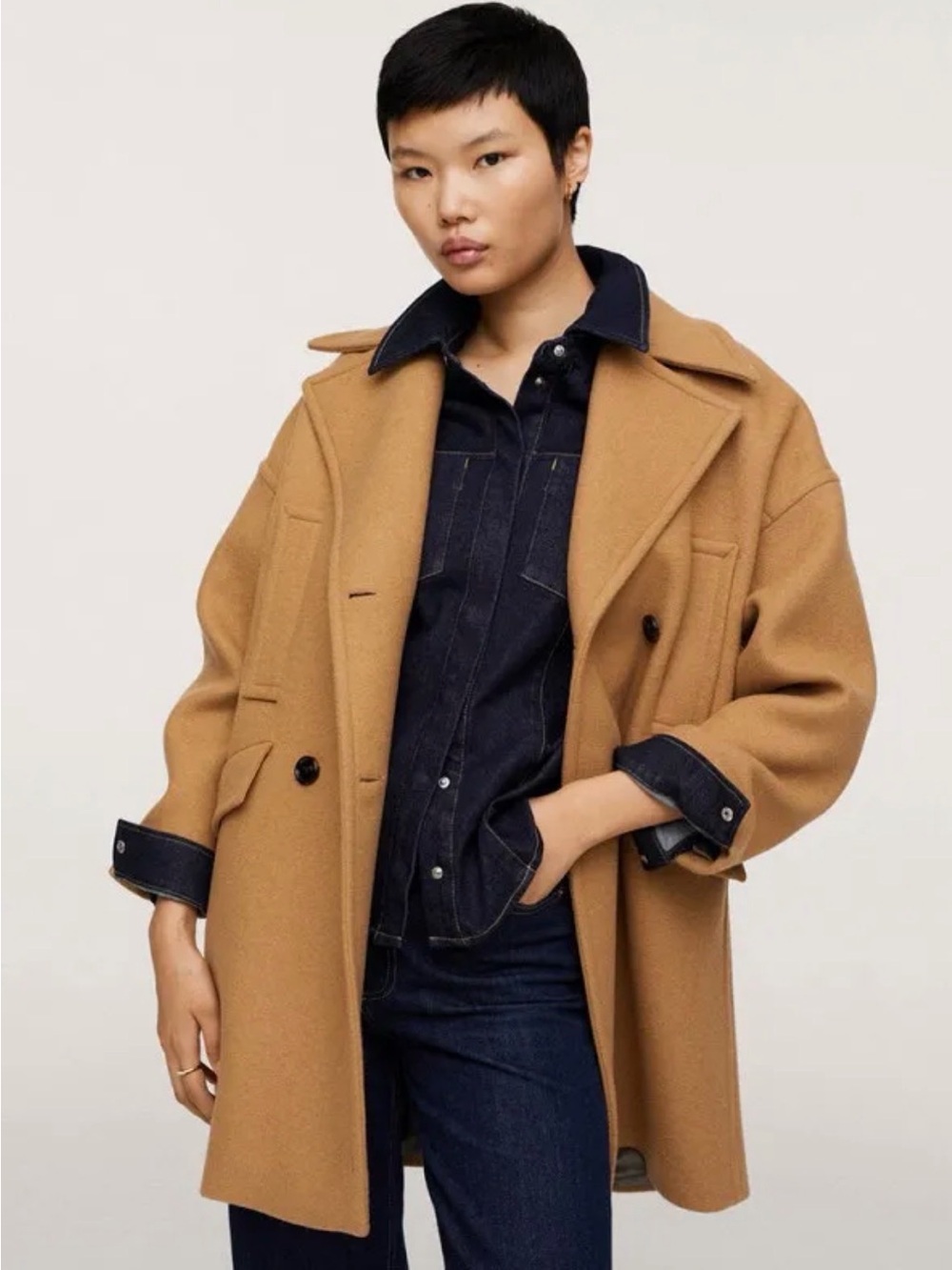 Mango Oversized Camel Double-Breasted Pea Coat